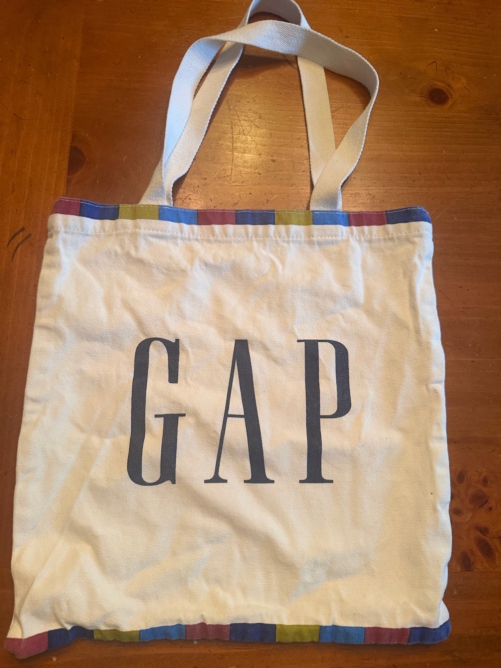 GAP Cream Canvas Tote with Multicolor Stripe Trim
